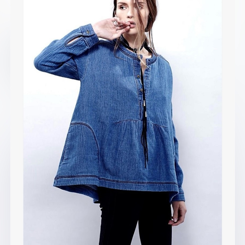 Free People Blue Denim Blouse